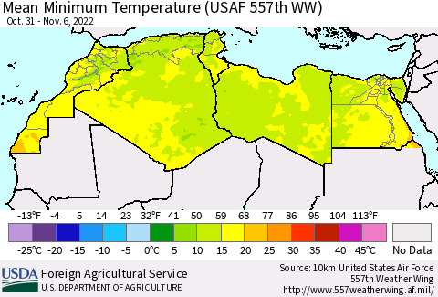 North Africa Mean Minimum Temperature (USAF 557th WW) Thematic Map For 10/31/2022 - 11/6/2022