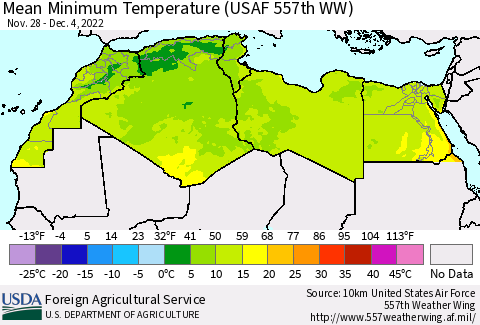 North Africa Mean Minimum Temperature (USAF 557th WW) Thematic Map For 11/28/2022 - 12/4/2022