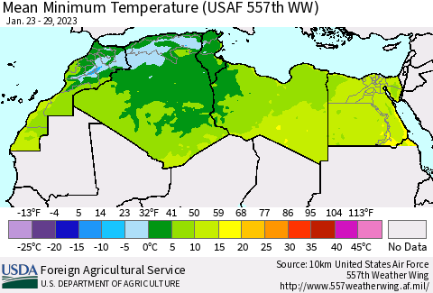 North Africa Mean Minimum Temperature (USAF 557th WW) Thematic Map For 1/23/2023 - 1/29/2023