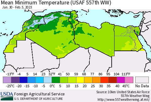 North Africa Mean Minimum Temperature (USAF 557th WW) Thematic Map For 1/30/2023 - 2/5/2023