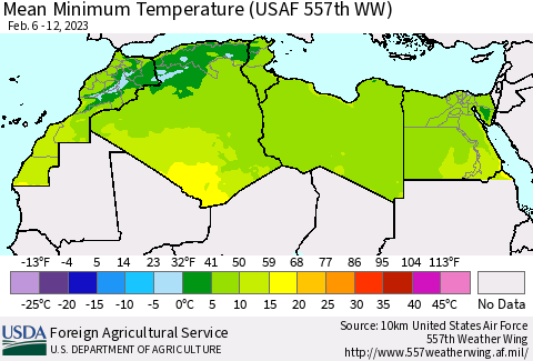 North Africa Mean Minimum Temperature (USAF 557th WW) Thematic Map For 2/6/2023 - 2/12/2023