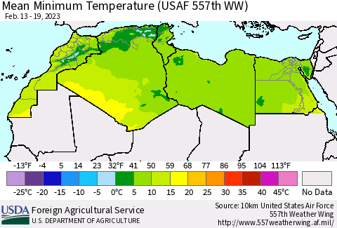 North Africa Mean Minimum Temperature (USAF 557th WW) Thematic Map For 2/13/2023 - 2/19/2023