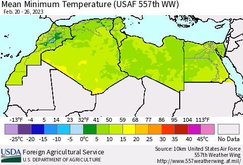 North Africa Mean Minimum Temperature (USAF 557th WW) Thematic Map For 2/20/2023 - 2/26/2023