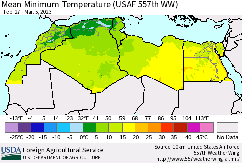 North Africa Mean Minimum Temperature (USAF 557th WW) Thematic Map For 2/27/2023 - 3/5/2023