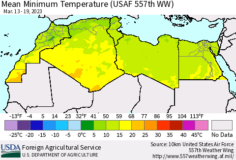 North Africa Mean Minimum Temperature (USAF 557th WW) Thematic Map For 3/13/2023 - 3/19/2023