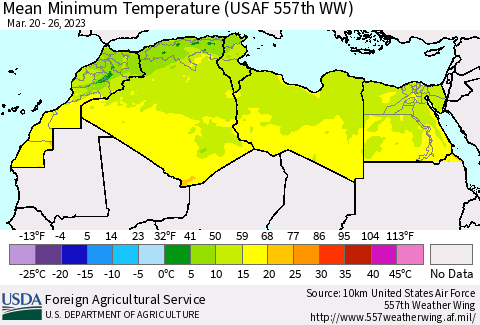 North Africa Mean Minimum Temperature (USAF 557th WW) Thematic Map For 3/20/2023 - 3/26/2023