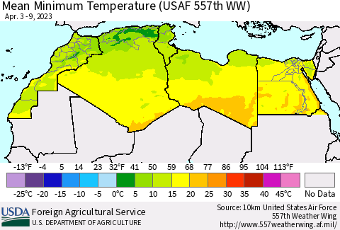 North Africa Mean Minimum Temperature (USAF 557th WW) Thematic Map For 4/3/2023 - 4/9/2023