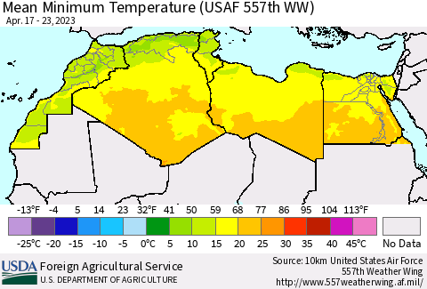 North Africa Mean Minimum Temperature (USAF 557th WW) Thematic Map For 4/17/2023 - 4/23/2023