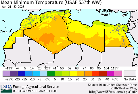 North Africa Mean Minimum Temperature (USAF 557th WW) Thematic Map For 4/24/2023 - 4/30/2023