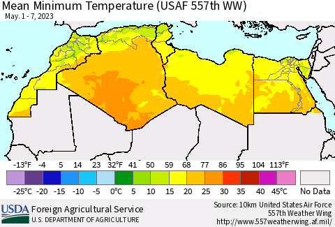 North Africa Mean Minimum Temperature (USAF 557th WW) Thematic Map For 5/1/2023 - 5/7/2023