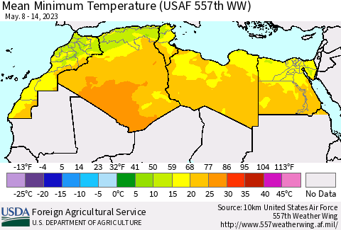 North Africa Mean Minimum Temperature (USAF 557th WW) Thematic Map For 5/8/2023 - 5/14/2023