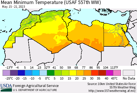 North Africa Mean Minimum Temperature (USAF 557th WW) Thematic Map For 5/15/2023 - 5/21/2023