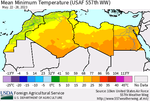 North Africa Mean Minimum Temperature (USAF 557th WW) Thematic Map For 5/22/2023 - 5/28/2023