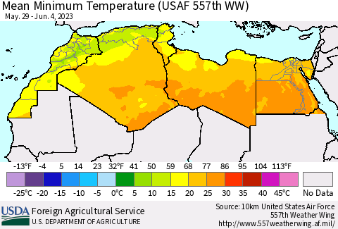 North Africa Mean Minimum Temperature (USAF 557th WW) Thematic Map For 5/29/2023 - 6/4/2023