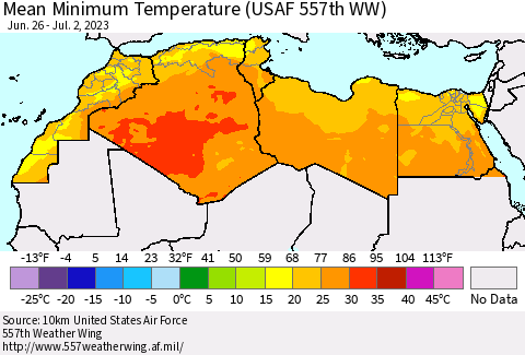 North Africa Mean Minimum Temperature (USAF 557th WW) Thematic Map For 6/26/2023 - 7/2/2023