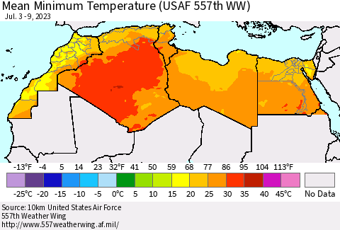 North Africa Mean Minimum Temperature (USAF 557th WW) Thematic Map For 7/3/2023 - 7/9/2023