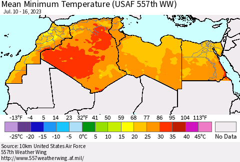 North Africa Mean Minimum Temperature (USAF 557th WW) Thematic Map For 7/10/2023 - 7/16/2023