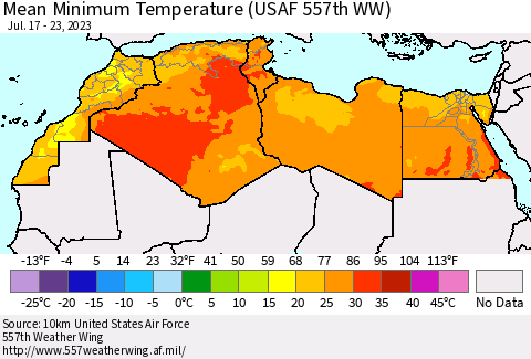 North Africa Mean Minimum Temperature (USAF 557th WW) Thematic Map For 7/17/2023 - 7/23/2023