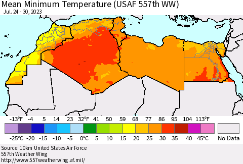 North Africa Mean Minimum Temperature (USAF 557th WW) Thematic Map For 7/24/2023 - 7/30/2023