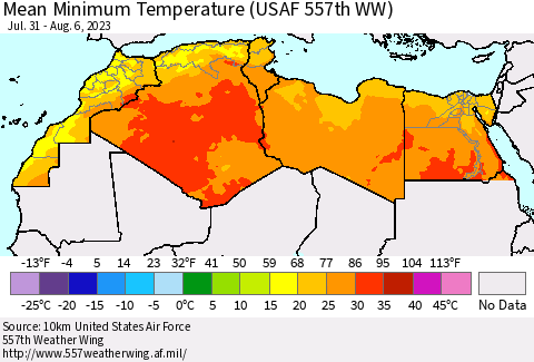 North Africa Mean Minimum Temperature (USAF 557th WW) Thematic Map For 7/31/2023 - 8/6/2023