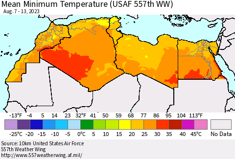 North Africa Mean Minimum Temperature (USAF 557th WW) Thematic Map For 8/7/2023 - 8/13/2023