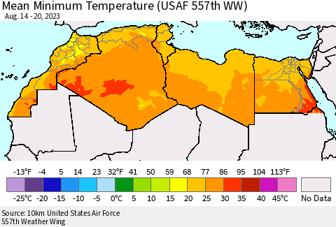 North Africa Mean Minimum Temperature (USAF 557th WW) Thematic Map For 8/14/2023 - 8/20/2023