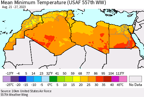North Africa Mean Minimum Temperature (USAF 557th WW) Thematic Map For 8/21/2023 - 8/27/2023