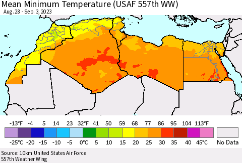 North Africa Mean Minimum Temperature (USAF 557th WW) Thematic Map For 8/28/2023 - 9/3/2023