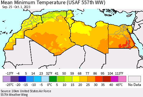 North Africa Mean Minimum Temperature (USAF 557th WW) Thematic Map For 9/25/2023 - 10/1/2023