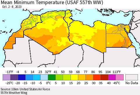 North Africa Mean Minimum Temperature (USAF 557th WW) Thematic Map For 10/2/2023 - 10/8/2023