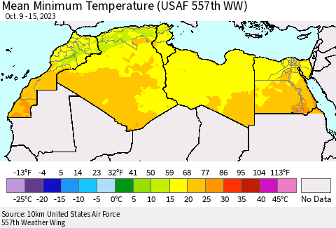 North Africa Mean Minimum Temperature (USAF 557th WW) Thematic Map For 10/9/2023 - 10/15/2023