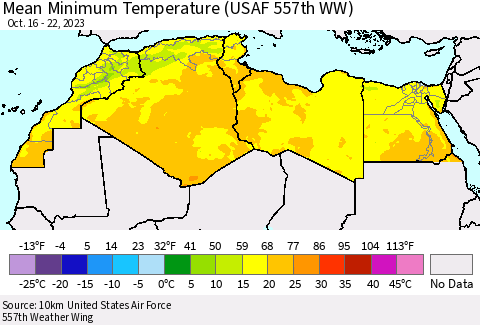 North Africa Mean Minimum Temperature (USAF 557th WW) Thematic Map For 10/16/2023 - 10/22/2023
