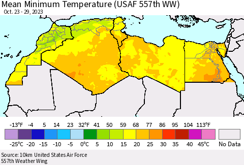 North Africa Mean Minimum Temperature (USAF 557th WW) Thematic Map For 10/23/2023 - 10/29/2023