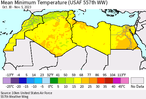 North Africa Mean Minimum Temperature (USAF 557th WW) Thematic Map For 10/30/2023 - 11/5/2023