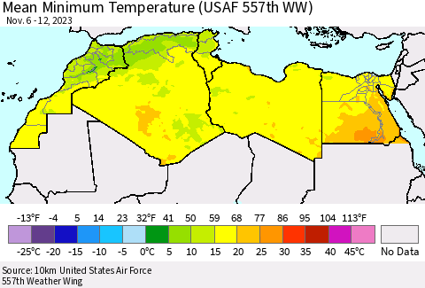 North Africa Mean Minimum Temperature (USAF 557th WW) Thematic Map For 11/6/2023 - 11/12/2023