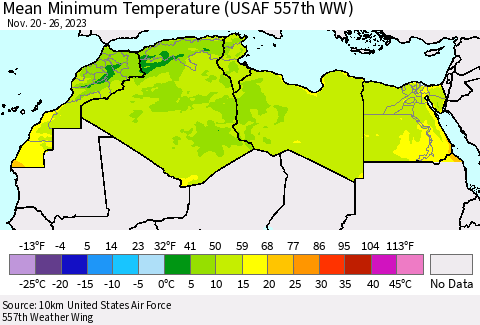 North Africa Mean Minimum Temperature (USAF 557th WW) Thematic Map For 11/20/2023 - 11/26/2023