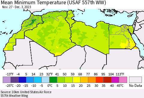 North Africa Mean Minimum Temperature (USAF 557th WW) Thematic Map For 11/27/2023 - 12/3/2023