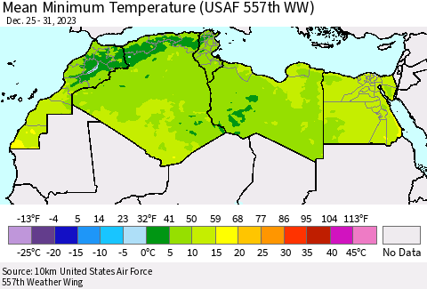 North Africa Mean Minimum Temperature (USAF 557th WW) Thematic Map For 12/25/2023 - 12/31/2023