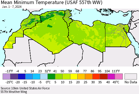 North Africa Mean Minimum Temperature (USAF 557th WW) Thematic Map For 1/1/2024 - 1/7/2024