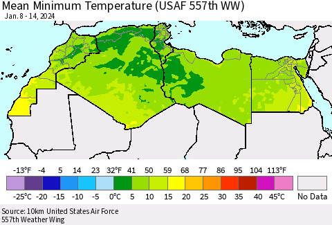 North Africa Mean Minimum Temperature (USAF 557th WW) Thematic Map For 1/8/2024 - 1/14/2024