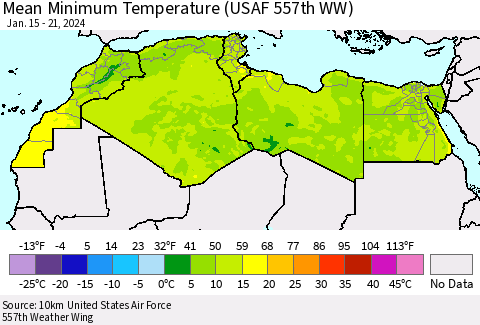 North Africa Mean Minimum Temperature (USAF 557th WW) Thematic Map For 1/15/2024 - 1/21/2024