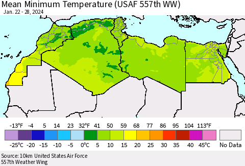 North Africa Mean Minimum Temperature (USAF 557th WW) Thematic Map For 1/22/2024 - 1/28/2024