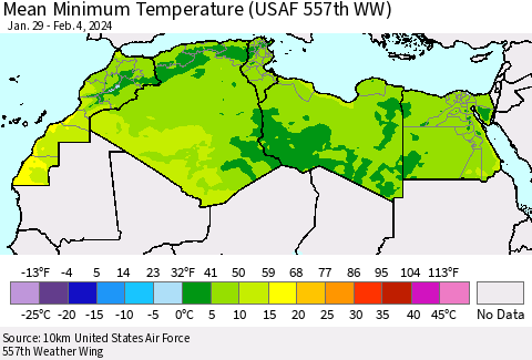 North Africa Mean Minimum Temperature (USAF 557th WW) Thematic Map For 1/29/2024 - 2/4/2024