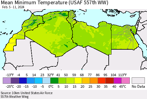 North Africa Mean Minimum Temperature (USAF 557th WW) Thematic Map For 2/5/2024 - 2/11/2024