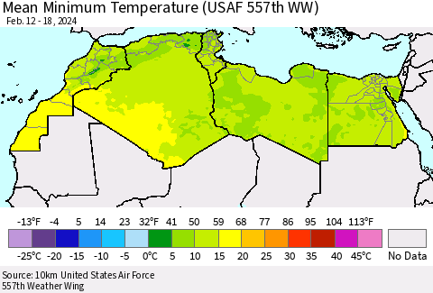 North Africa Mean Minimum Temperature (USAF 557th WW) Thematic Map For 2/12/2024 - 2/18/2024