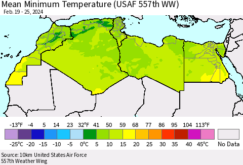 North Africa Mean Minimum Temperature (USAF 557th WW) Thematic Map For 2/19/2024 - 2/25/2024