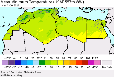 North Africa Mean Minimum Temperature (USAF 557th WW) Thematic Map For 3/4/2024 - 3/10/2024