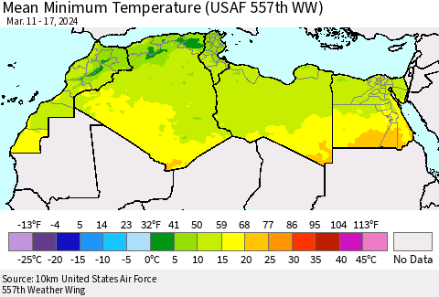 North Africa Mean Minimum Temperature (USAF 557th WW) Thematic Map For 3/11/2024 - 3/17/2024