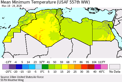 North Africa Mean Minimum Temperature (USAF 557th WW) Thematic Map For 3/18/2024 - 3/24/2024