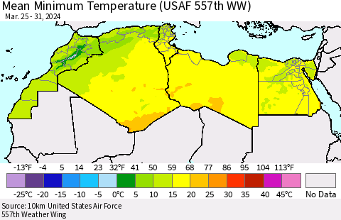 North Africa Mean Minimum Temperature (USAF 557th WW) Thematic Map For 3/25/2024 - 3/31/2024